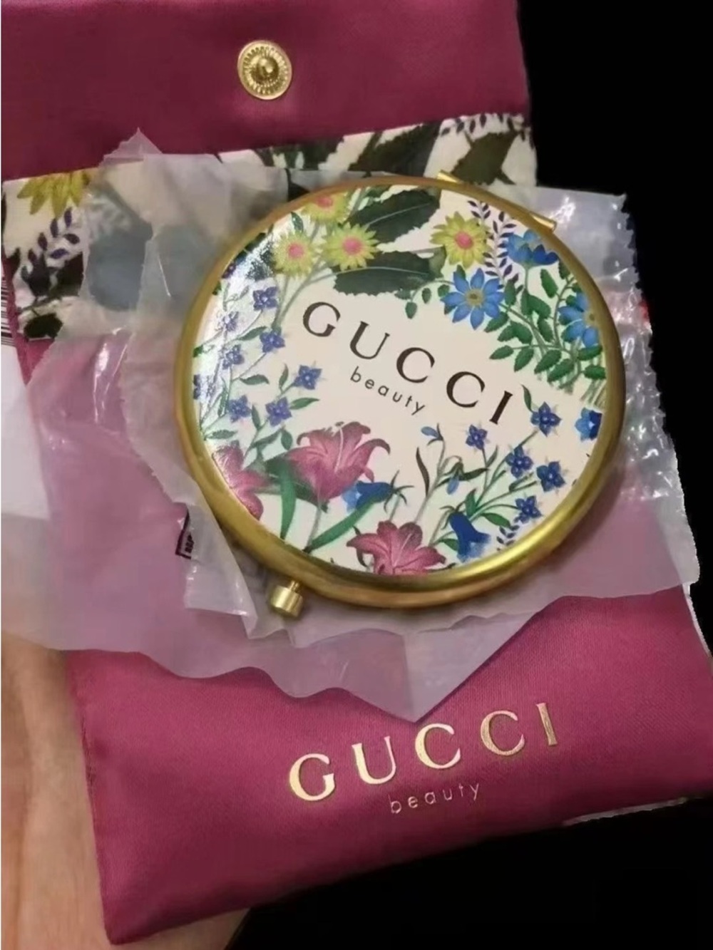 New Gucci Floral Gold Compact Mirror Collectible with Satin Pouch